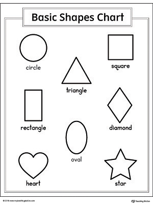 This printable geometric shapes chart shows a clear representation of a square, circle, triangle, diamond, oval, rectangle, star and heart shape.
