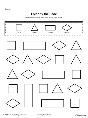 Learn shapes and colors with this fun printable worksheet. In this activity, your child will practice recognizing the square, triangle, rectangle, diamond shapes along with the colors blue, green, brown and purple.