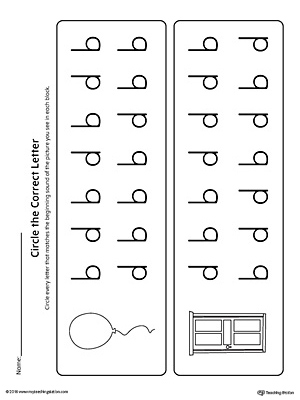 b-d Letter Reversal: Match Beginning Sound Worksheet is a printable activity for your students to practice identifying letters b and d.