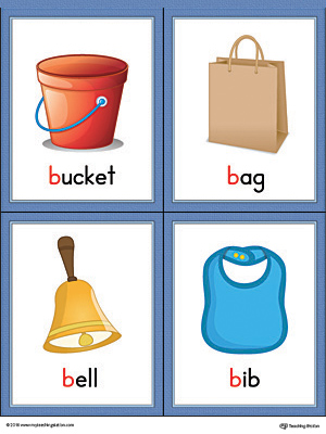 Printable Beginning sound vocabulary cards for letter B includes the words bucket, bag, bell, and bib.