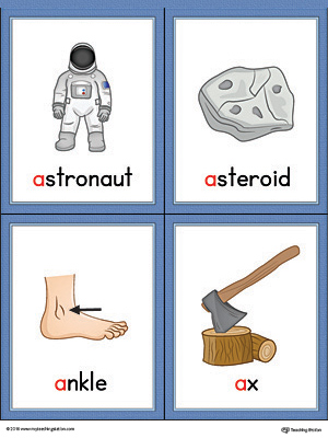 Letter A Words and Pictures Printable Cards: Astronaut, Asteroid, Ankle, Ax (Color)