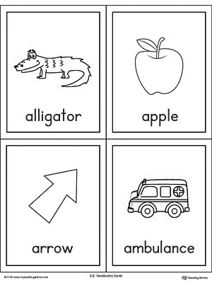 Letter A Words and Pictures Printable Cards: Alligator, Apple, Arrow, Ambulance