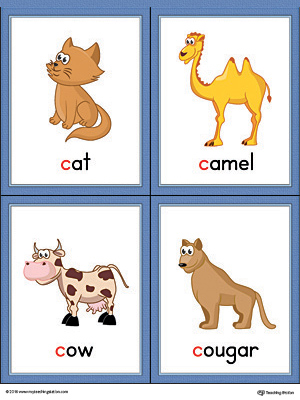 Letter C Words and Pictures Printable Cards: Cat, Camel, Cow, Cougar (Color)