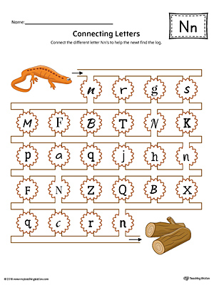 This kindergarten worksheet helps students find and connect letters to practice identifying the different letter N styles.