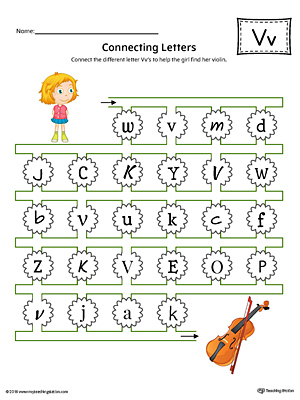This kindergarten worksheet helps students find and connect letters to practice identifying the different letter V styles.