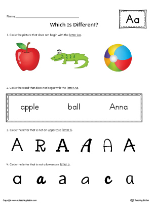 Use the Letter A Which is Different in Color to practice identifying the uppercase and lowercase letter A and it