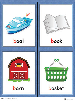 Printable Beginning sound vocabulary cards for letter B includes the words boat, book, barn, and basket.