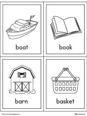 Letter B Words and Pictures Printable Cards: Boat, Book, Barn, Basket