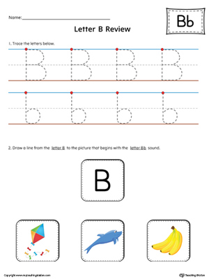 Use the Letter B Review in Color worksheet to help your student practice tracing and the beginning sound of the letter B.