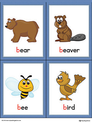 Printable beginning sound vocabulary cards for letter B, includes the words bear, beaver, bee, and bird.