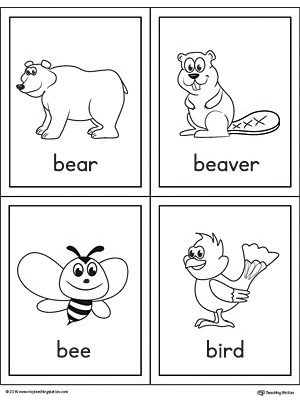 Beginning sound vocabulary cards for letter B, includes the words bear, beaver, bee, and bird.