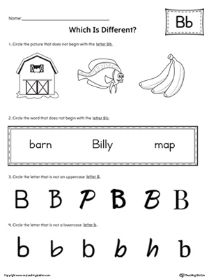 Use the Letter B Which is Different to practice identifying the uppercase and lowercase letter B and it