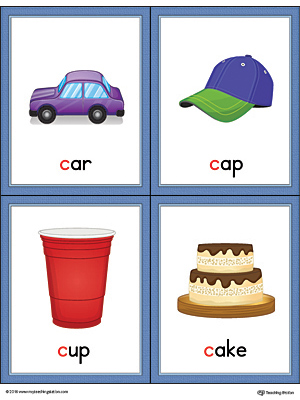 Letter C Words and Pictures Printable Cards: Car, Cap, Cup, Cake (Color)
