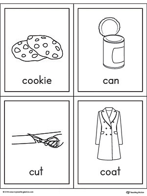 Beginning sound vocabulary cards for letter C includes the words cookie, can, cut, and coat.