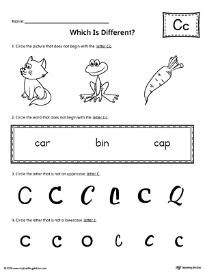 Use the Letter C Which is Different to practice identifying the uppercase and lowercase letter C and it