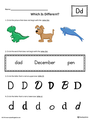 Use the Letter D Which is Different in Color to practice identifying the uppercase and lowercase letter D and it