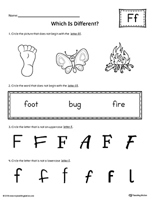 Use the Letter F Which is Different to practice identifying the uppercase and lowercase letter F and it