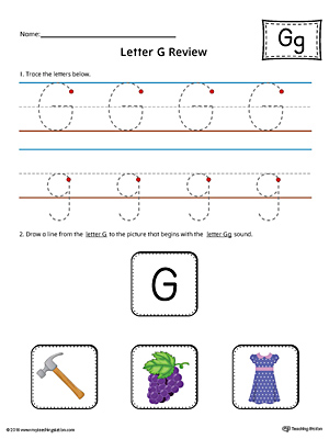 Use the Letter G Review in Color worksheet to help your student practice tracing and the beginning sound of the letter G.