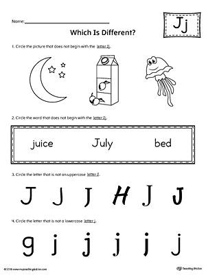 Use the Letter J Which is Different to practice identifying the uppercase and lowercase letter J and it