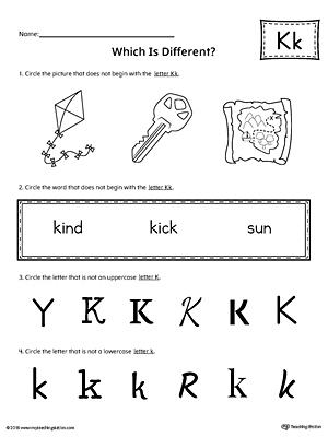Use the Letter K Which is Different to practice identifying the uppercase and lowercase letter K and it