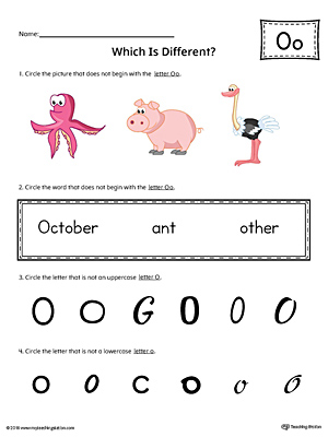 Use the Letter O Which is Different in Color to practice identifying the uppercase and lowercase letter O and it