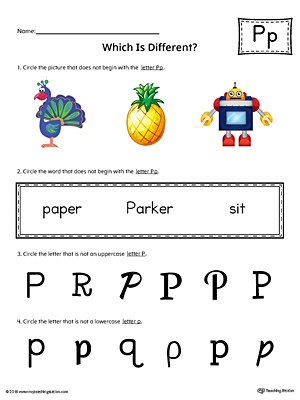 Use the Letter P Which is Different in Color to practice identifying the uppercase and lowercase letter P and it
