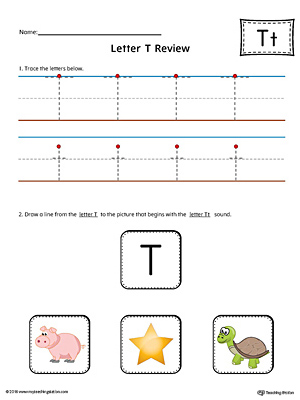 Use the Letter T Review in Color worksheet to help your student practice tracing and the beginning sound of the letter T.