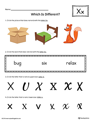 Use the Letter X Which is Different in Color to practice identifying the uppercase and lowercase letter X and it