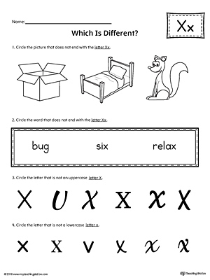Use the Letter X Which is Different to practice identifying the uppercase and lowercase letter X and it