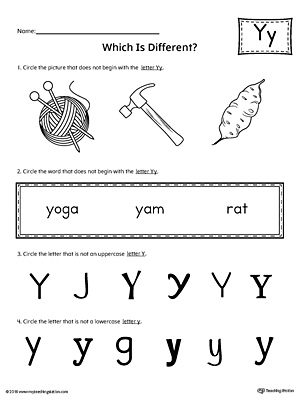 Use the Letter Y Which is Different to practice identifying the uppercase and lowercase letter Y and it