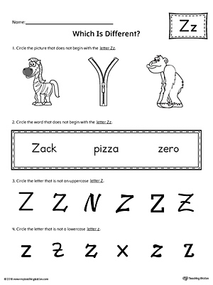 Use the Letter Z Which is Different to practice identifying the uppercase and lowercase letter Z and it