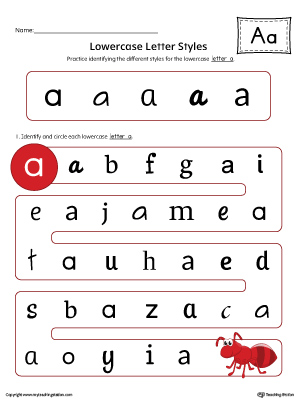 Practice identifying the different lowercase letter A styles with this colorful printable worksheet.