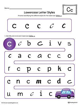 Practice identifying the different lowercase letter C styles with this colorful printable worksheet.