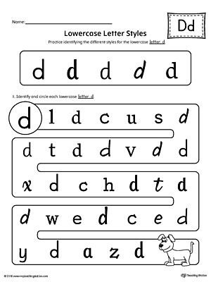 Practice identifying the different lowercase letter D styles with this kindergarten printable worksheet.
