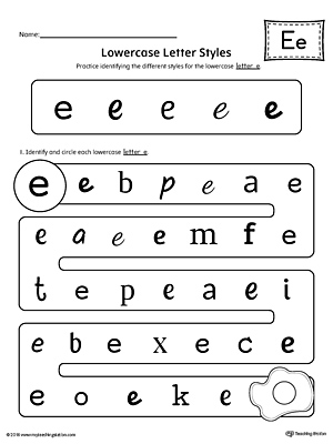 Practice identifying the different lowercase letter E styles with this kindergarten printable worksheet.