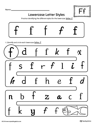 Practice identifying the different lowercase letter F styles with this kindergarten printable worksheet.