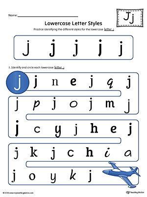 Lowercase Letter J Styles Worksheet (Color)