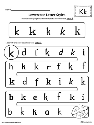 Practice identifying the different lowercase letter K styles with this kindergarten printable worksheet.