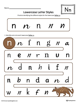 Practice identifying the different lowercase letter N styles with this colorful printable worksheet.