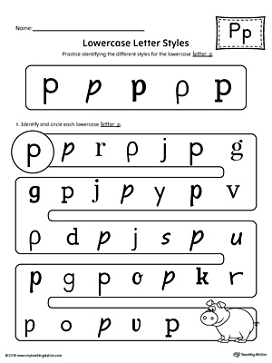 Practice identifying the different lowercase letter P styles with this kindergarten printable worksheet.