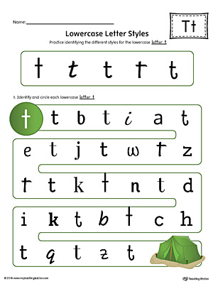 Practice identifying the different lowercase letter T styles with this colorful printable worksheet.