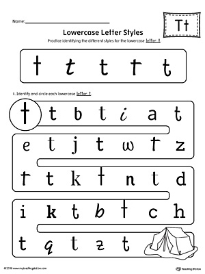 Practice identifying the different lowercase letter T styles with this kindergarten printable worksheet.