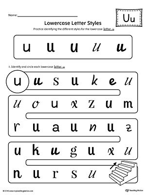 Practice identifying the different lowercase letter U styles with this kindergarten printable worksheet.