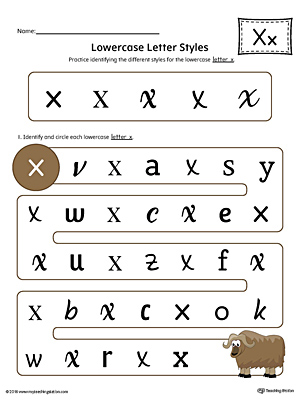 Practice identifying the different lowercase letter X styles with this colorful printable worksheet.