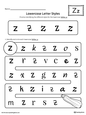 Practice identifying the different lowercase letter Z styles with this kindergarten printable worksheet.