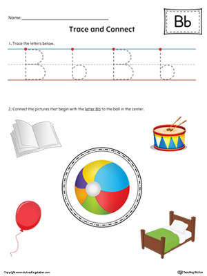 Trace Letter B and Connect Pictures (Color) printable worksheet available for download at myteachingstation.com.