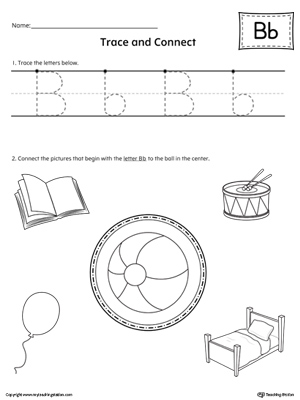 Trace Letter B and Connect Pictures printable worksheet available for download at myteachingstation.com.