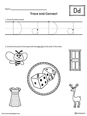 Trace Letter D and Connect Pictures printable worksheet available for download at myteachingstation.com.