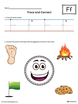 Trace Letter F and Connect Pictures (Color) printable worksheet available for download at myteachingstation.com.