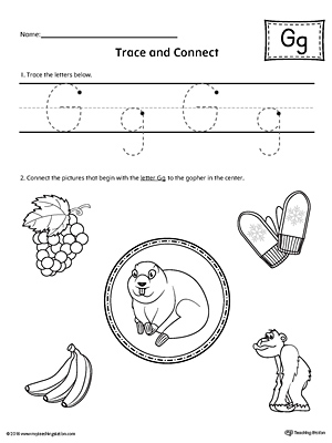 Trace Letter G and Connect Pictures printable worksheet available for download at myteachingstation.com.